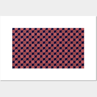 Floral Checkerboard in Pink and Navy Blue Posters and Art